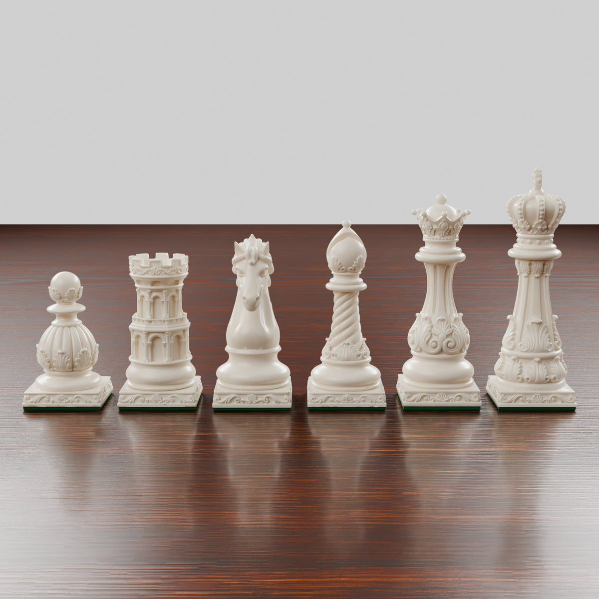Pièces d'échecs Baroque : les six pièces blanches, du pion au roi
