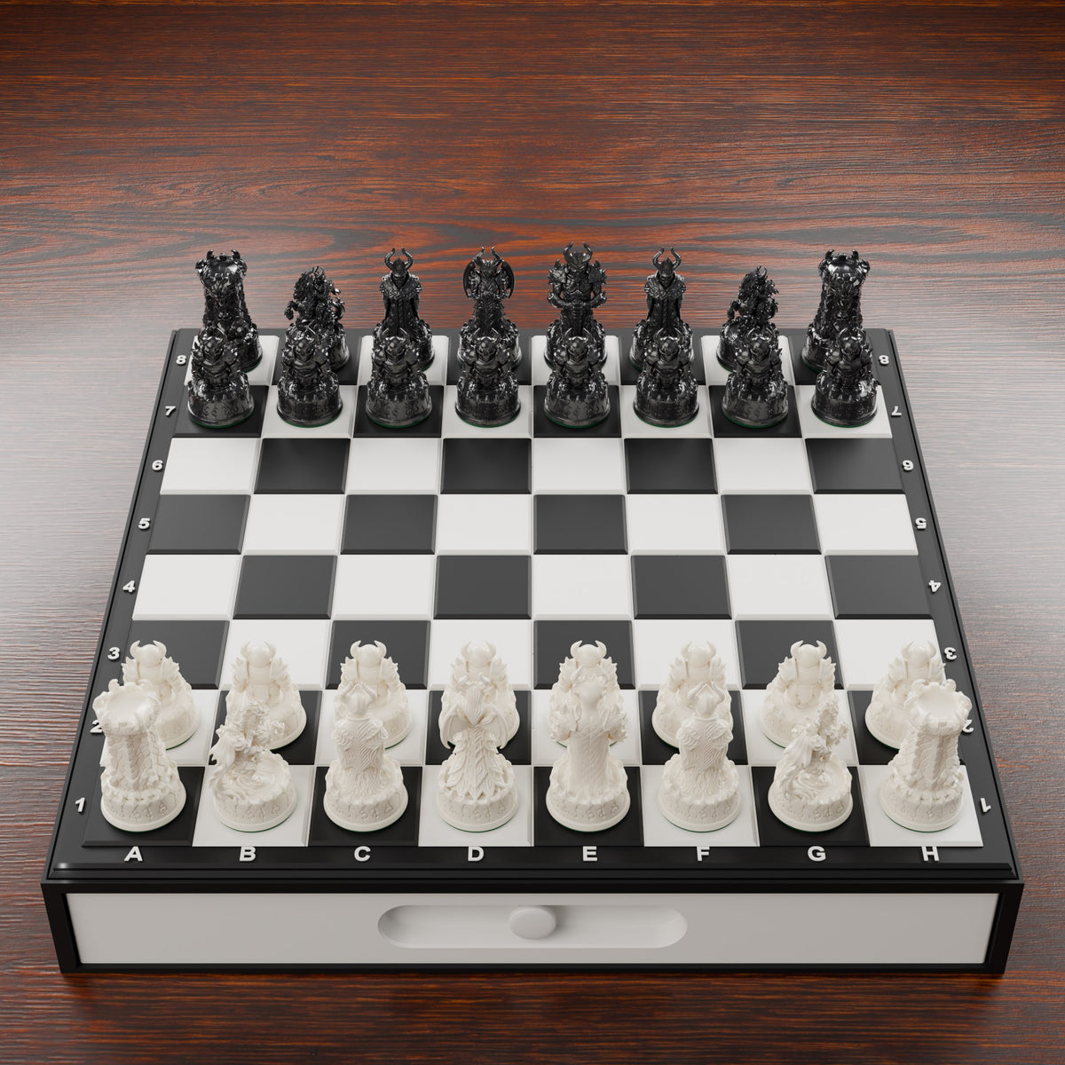 Coffret d'échecs démons : échiquier sur caisson noir avec tiroir