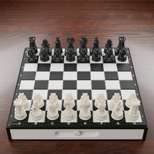 Coffret d'échecs démons : échiquier sur caisson noir avec tiroir