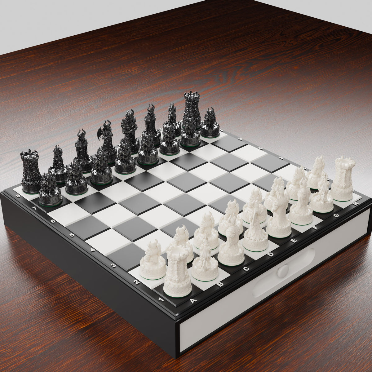 Coffret d'échecs démons vu de trois quarts