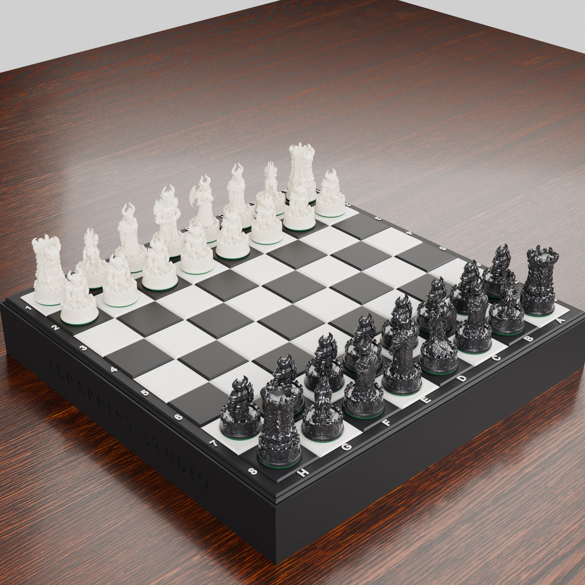 Coffret d'échecs démons vu en plongée