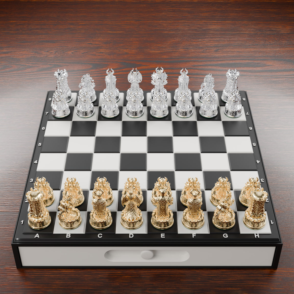 Coffret d'échecs démons finition or et argent, vue de face