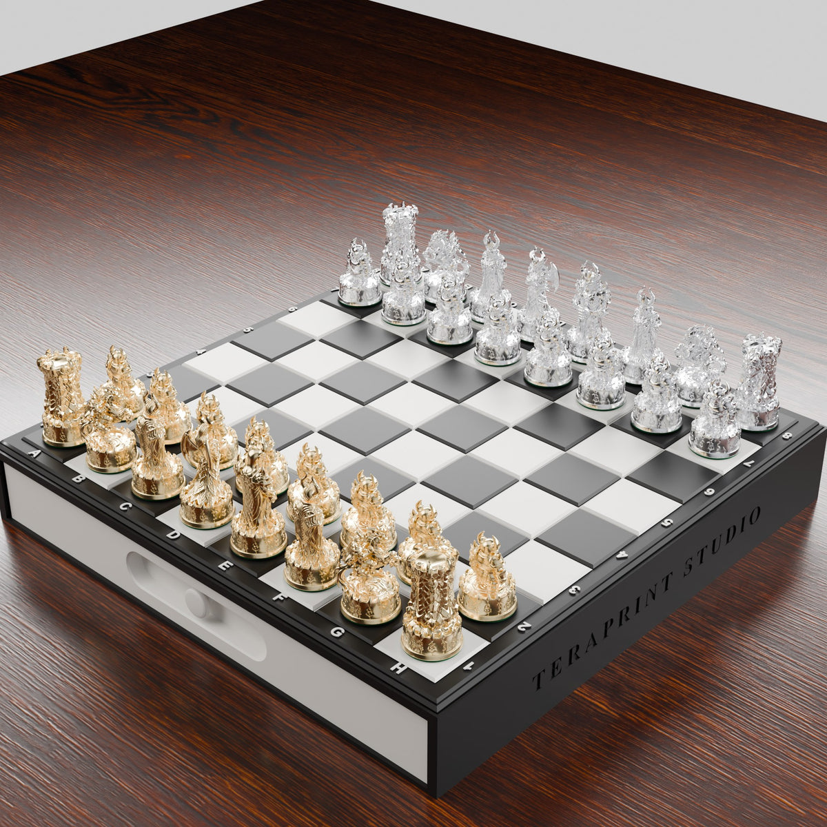 Coffret d'échecs démons or et argent, gravé TeraPrint Studio