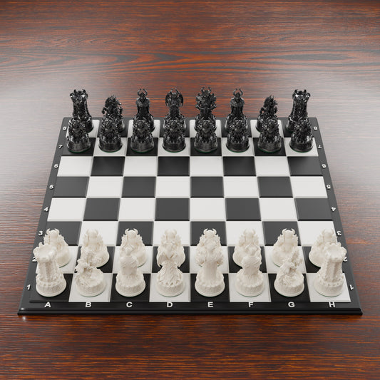Jeu d'échecs démons noir et blanc sur échiquier 28 cm, vue de dessus