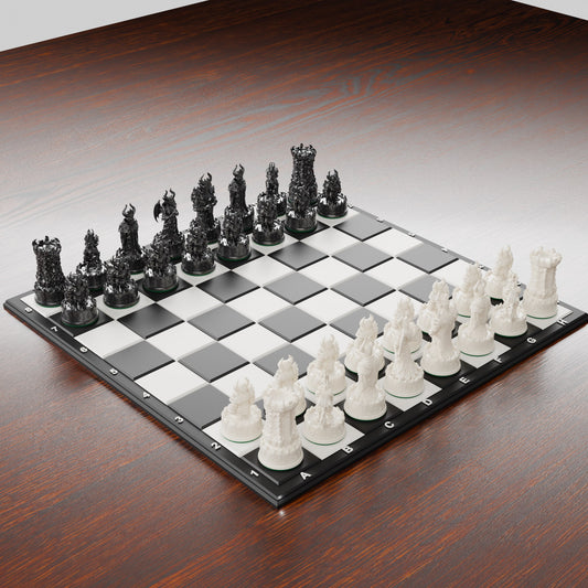 Jeu d'échecs démons sur son échiquier, vue de trois quarts