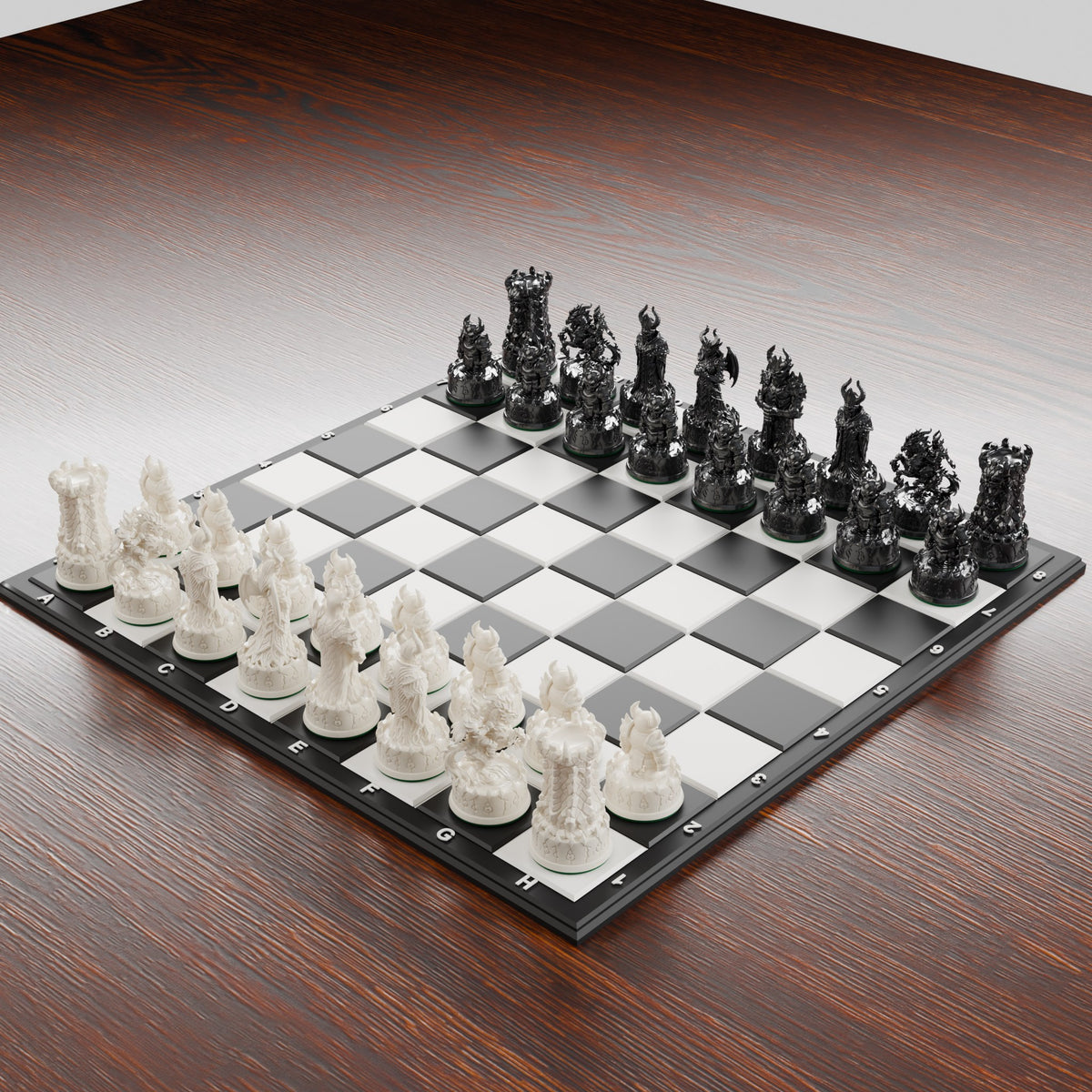 Jeu d'échecs démons en position de départ, vue de trois quarts
