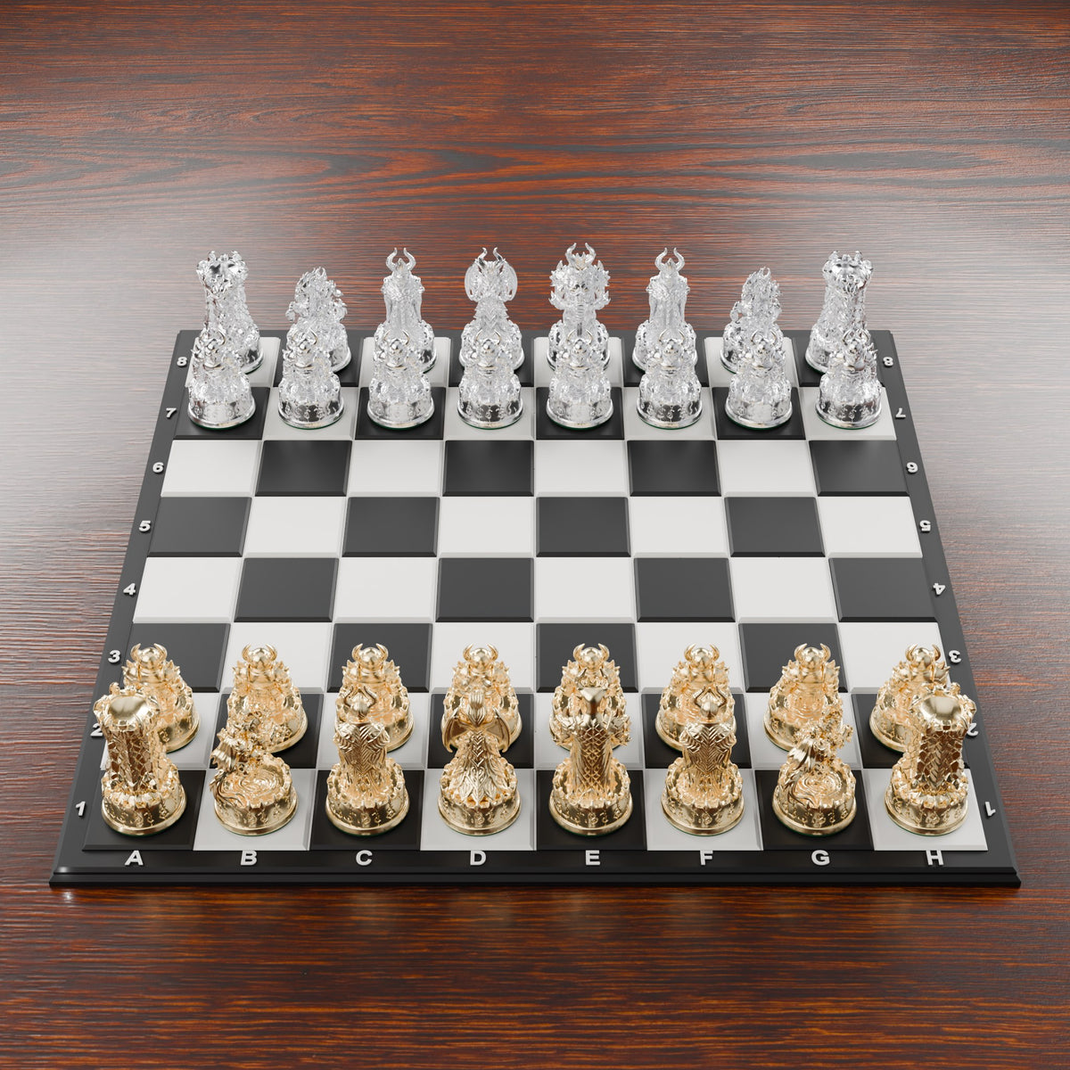 Jeu d'échecs démons finition or et argent, vue de dessus