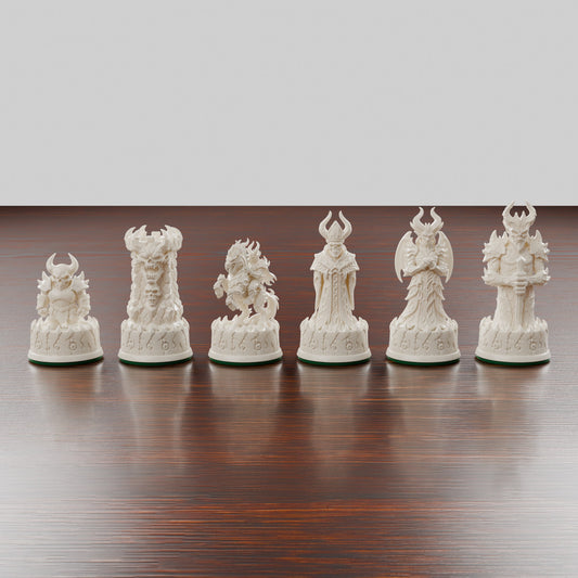 Pièces d'échecs démons claires alignées, du pion au roi