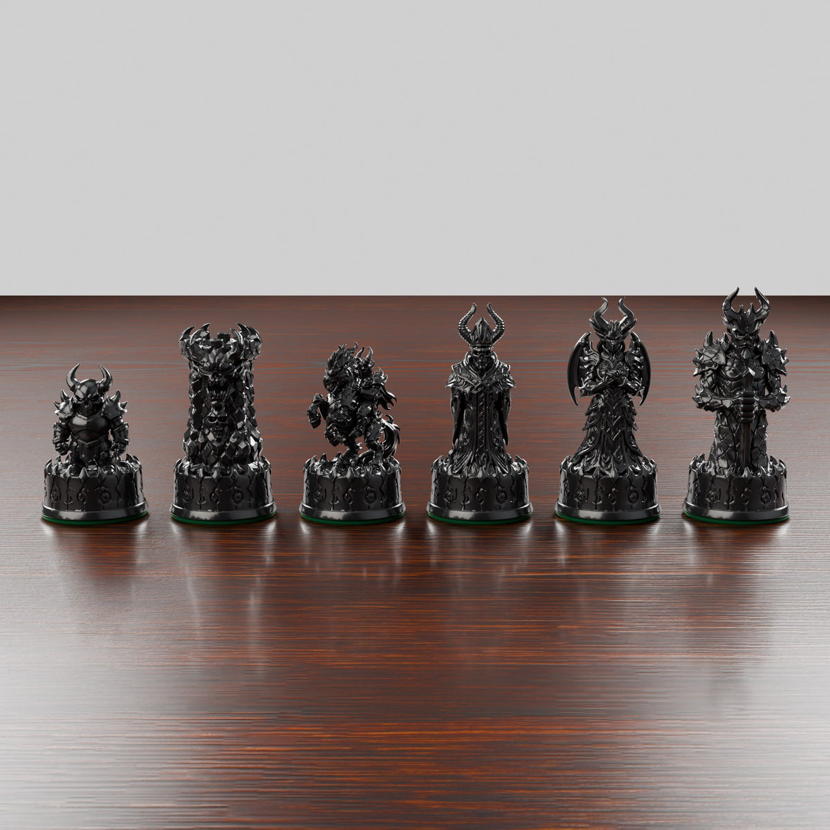 Pièces d'échecs démons sombres alignées, du pion au roi