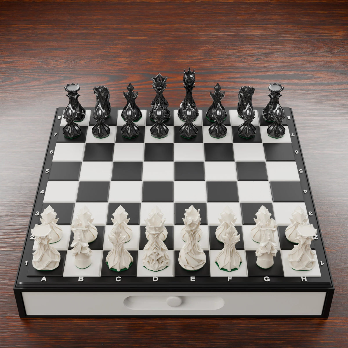 Coffret d'échecs stylisé : échiquier sur caisson noir avec tiroir