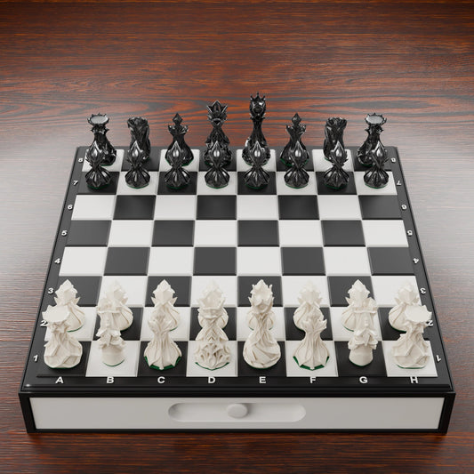 Coffret d'échecs stylisé : échiquier sur caisson noir avec tiroir