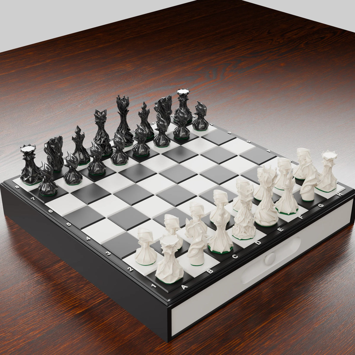 Coffret d'échecs stylisé vu de trois quarts