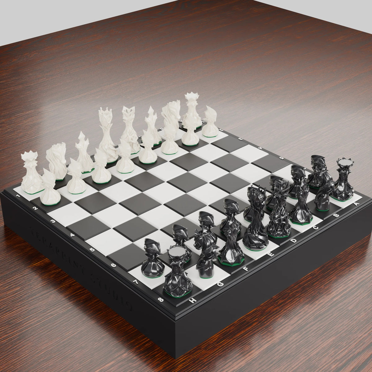 Coffret d'échecs stylisé vu en plongée