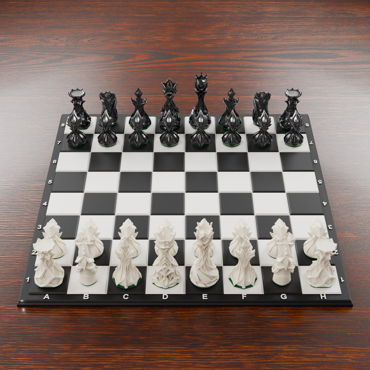 Jeu d'échecs stylisé noir et blanc sur échiquier 28 cm, vue de dessus