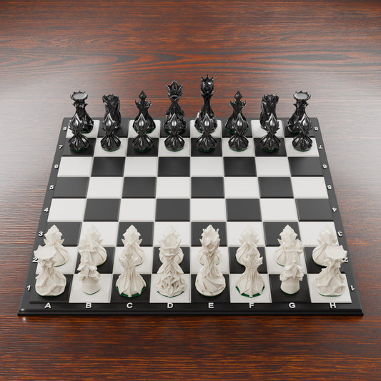 Jeu d'échecs stylisé noir et blanc sur échiquier 28 cm, vue de dessus