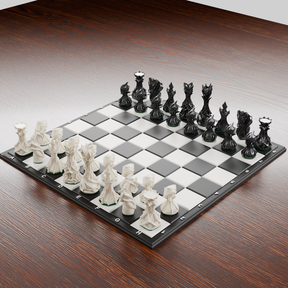 Jeu d'échecs stylisé — pièces sculpturales en position de départ