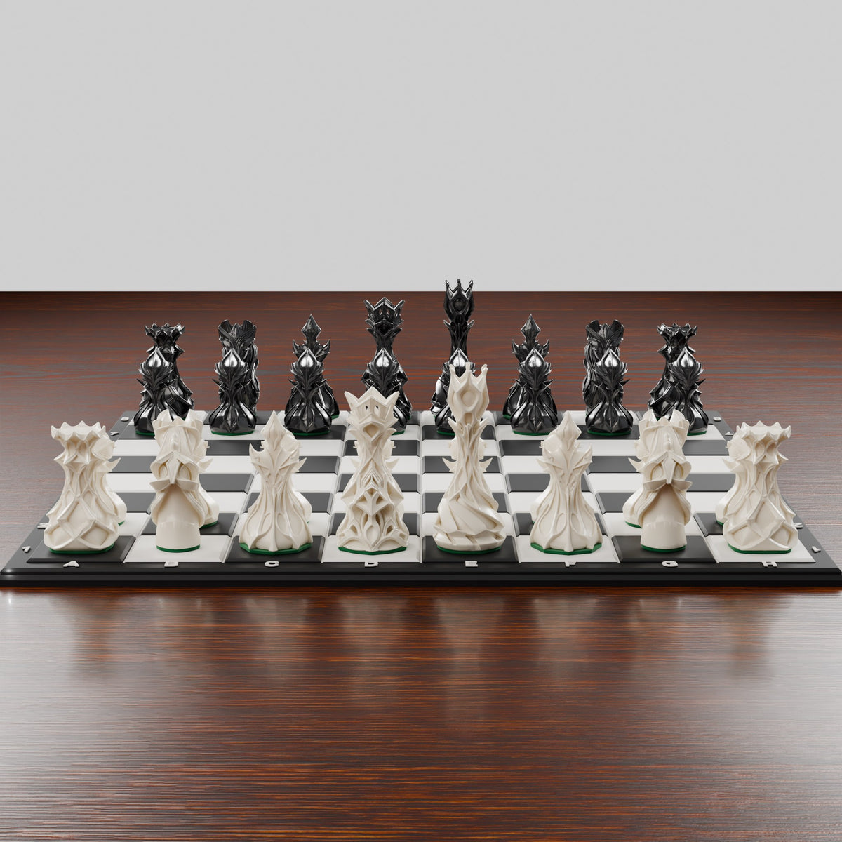 Jeu d'échecs stylisé vu au ras du plateau