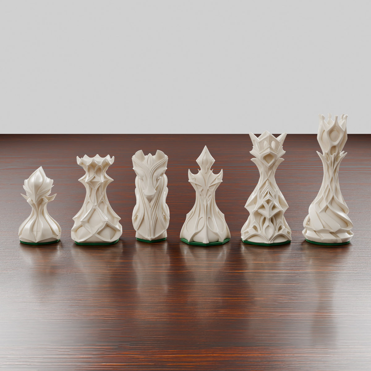 Les 16 pièces claires du jeu d'échecs stylisé alignées