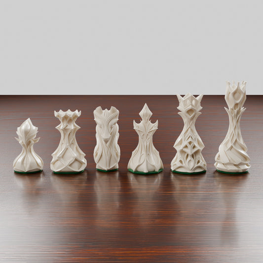 Pièces d'échecs stylisées claires alignées, du pion au roi