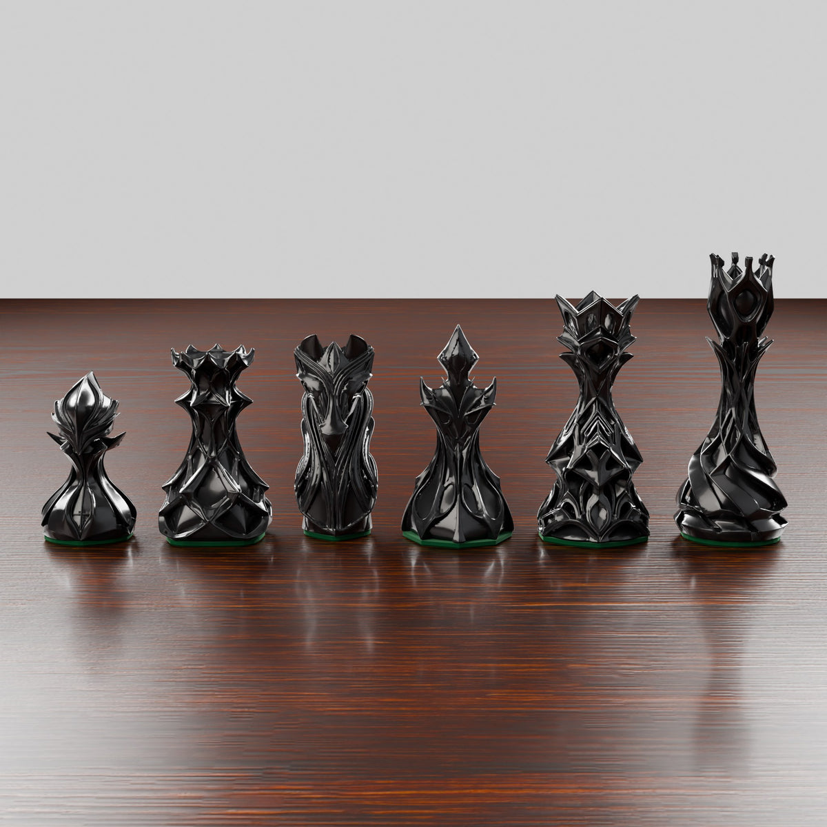 Pièces d'échecs stylisées sombres alignées, du pion au roi