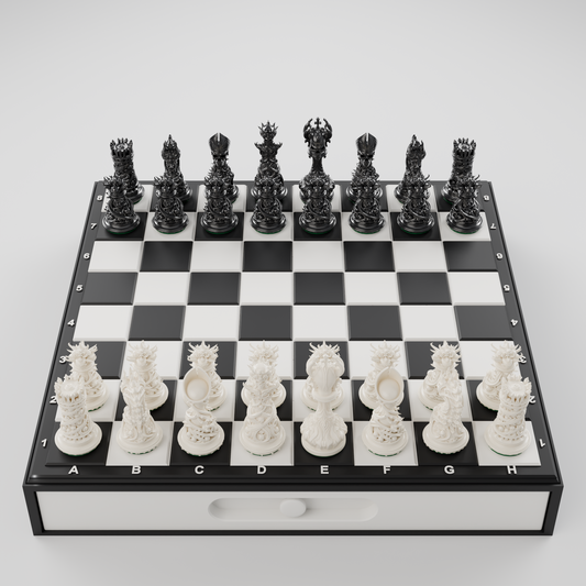 Coffret d'échecs Gothique : plateau et tiroir de rangement aimanté