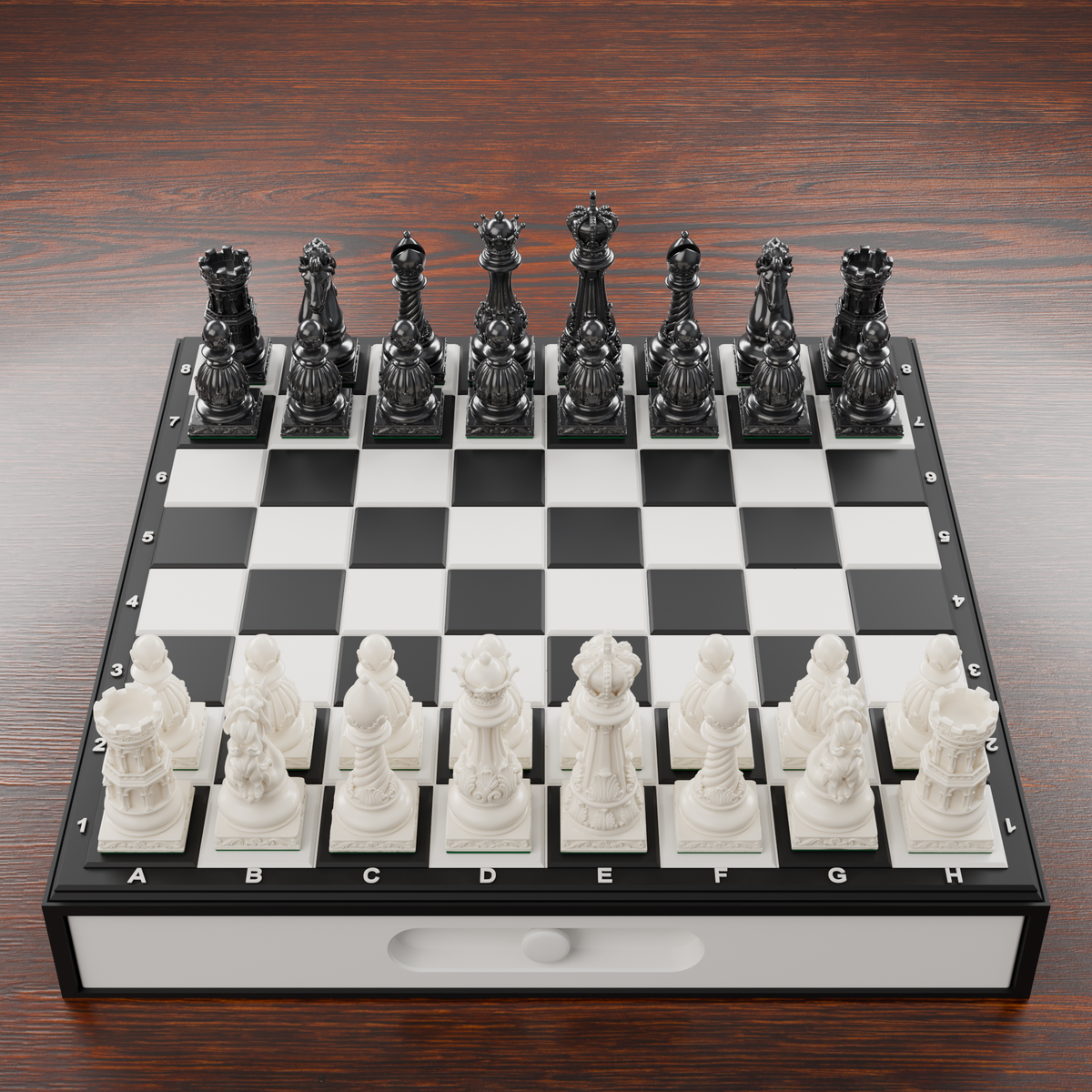Coffret d'échecs Baroque : plateau et tiroir de rangement aimanté