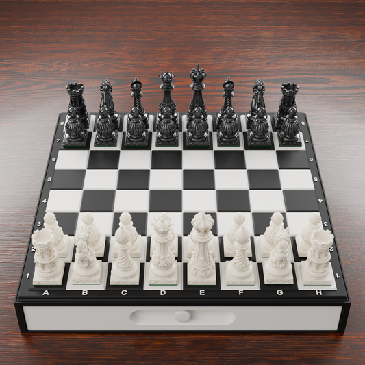 Coffret d'échecs Baroque : plateau et tiroir de rangement aimanté