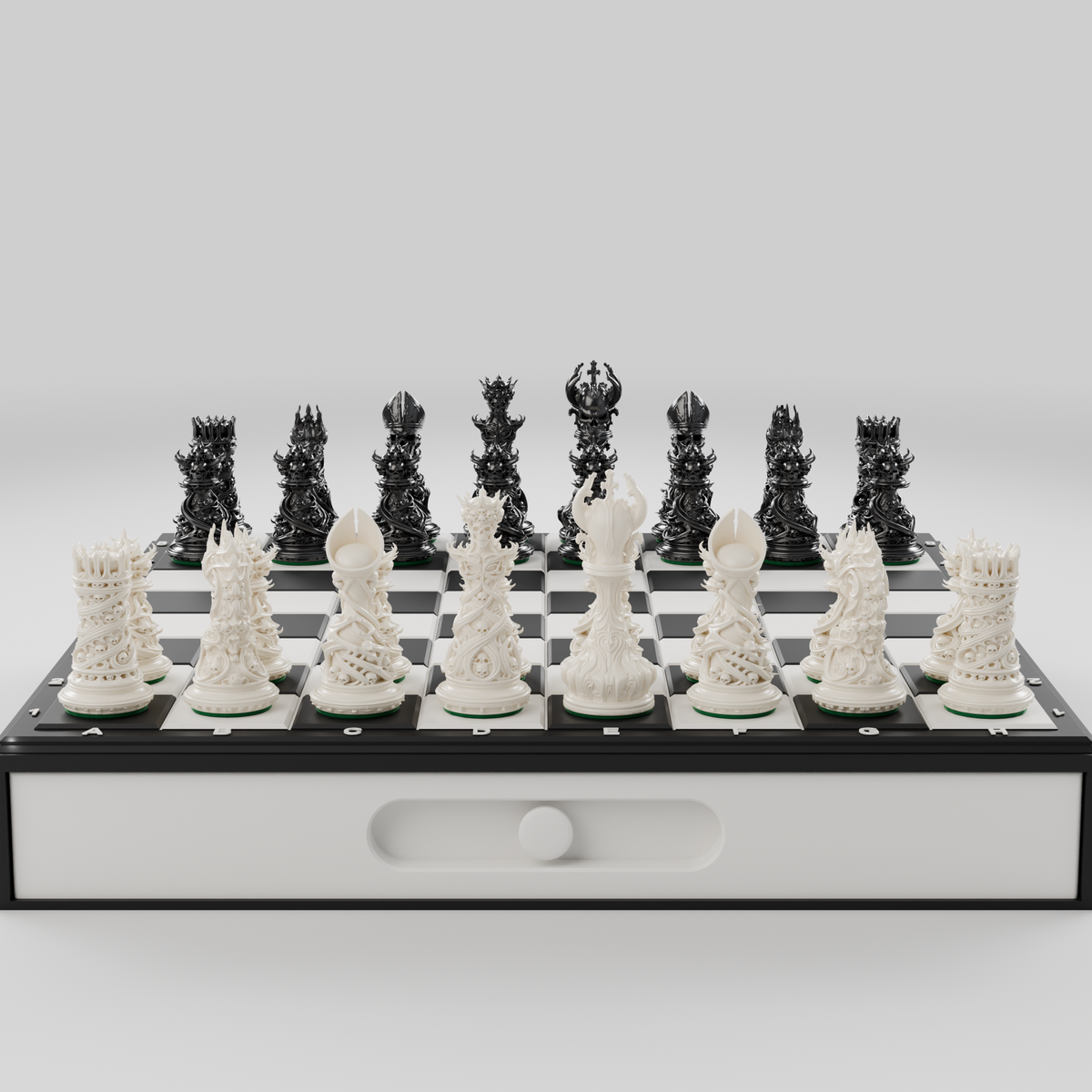 Coffret Gothique — rangement, échiquier et pièces